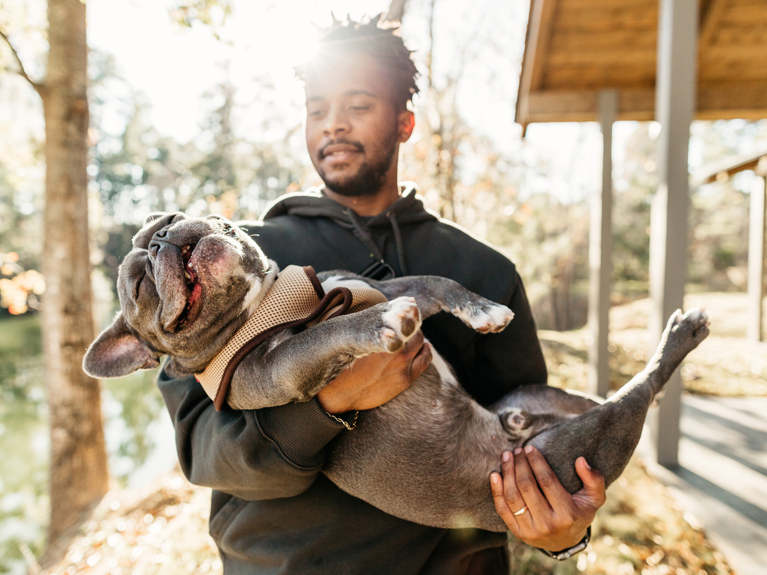 man holding happy french bulldog