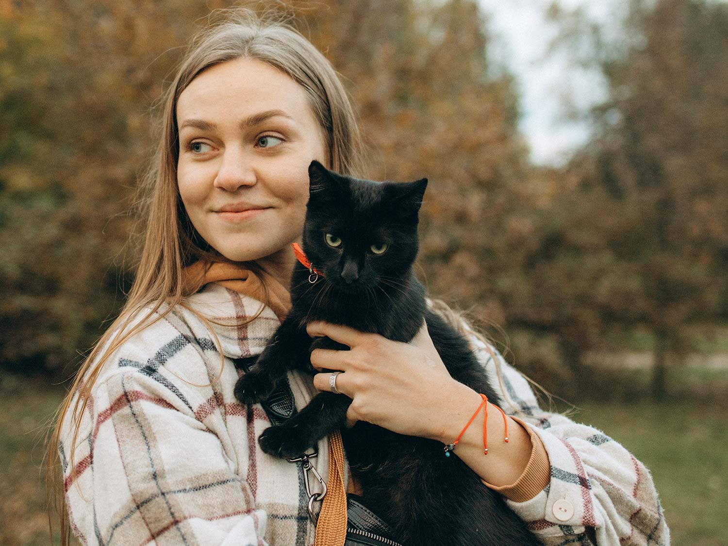 woman hold black cat with orange collar