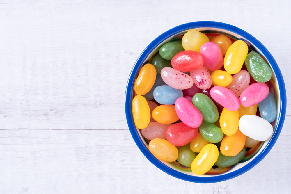 Sweet jelly beans in a ceramic bowl